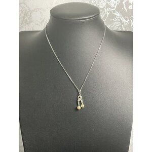 Vintage Trifari Silver Tone Necklace With Dangling Knot & Pearl Pendant